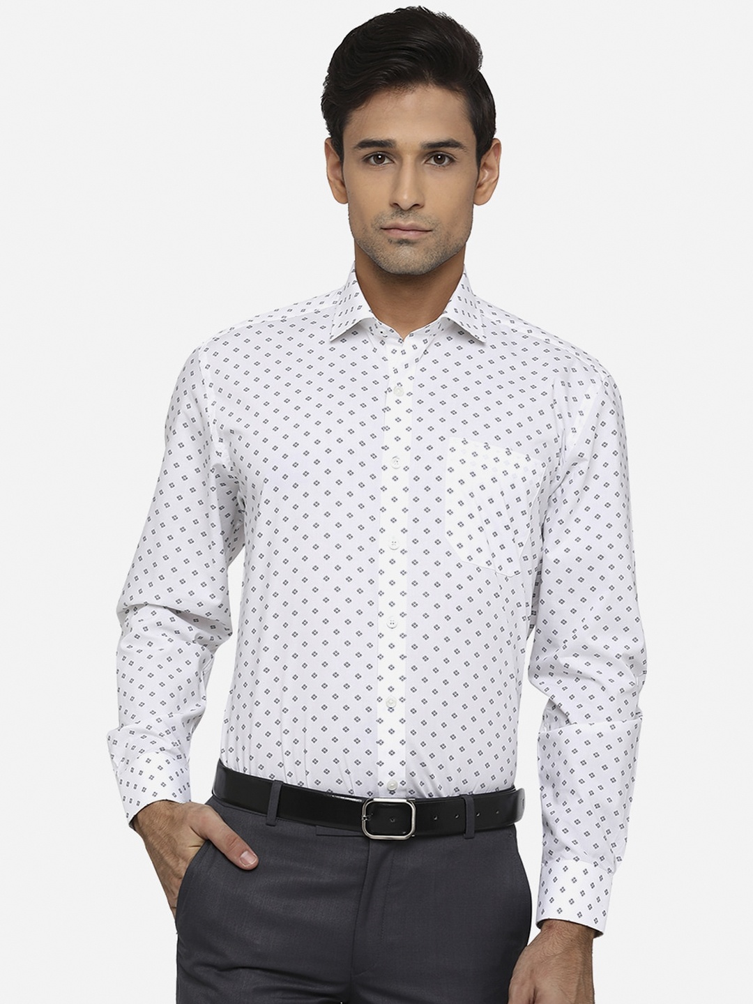 

JADE BLUE Men White Classic Opaque Printed Pure Cotton Formal Shirt