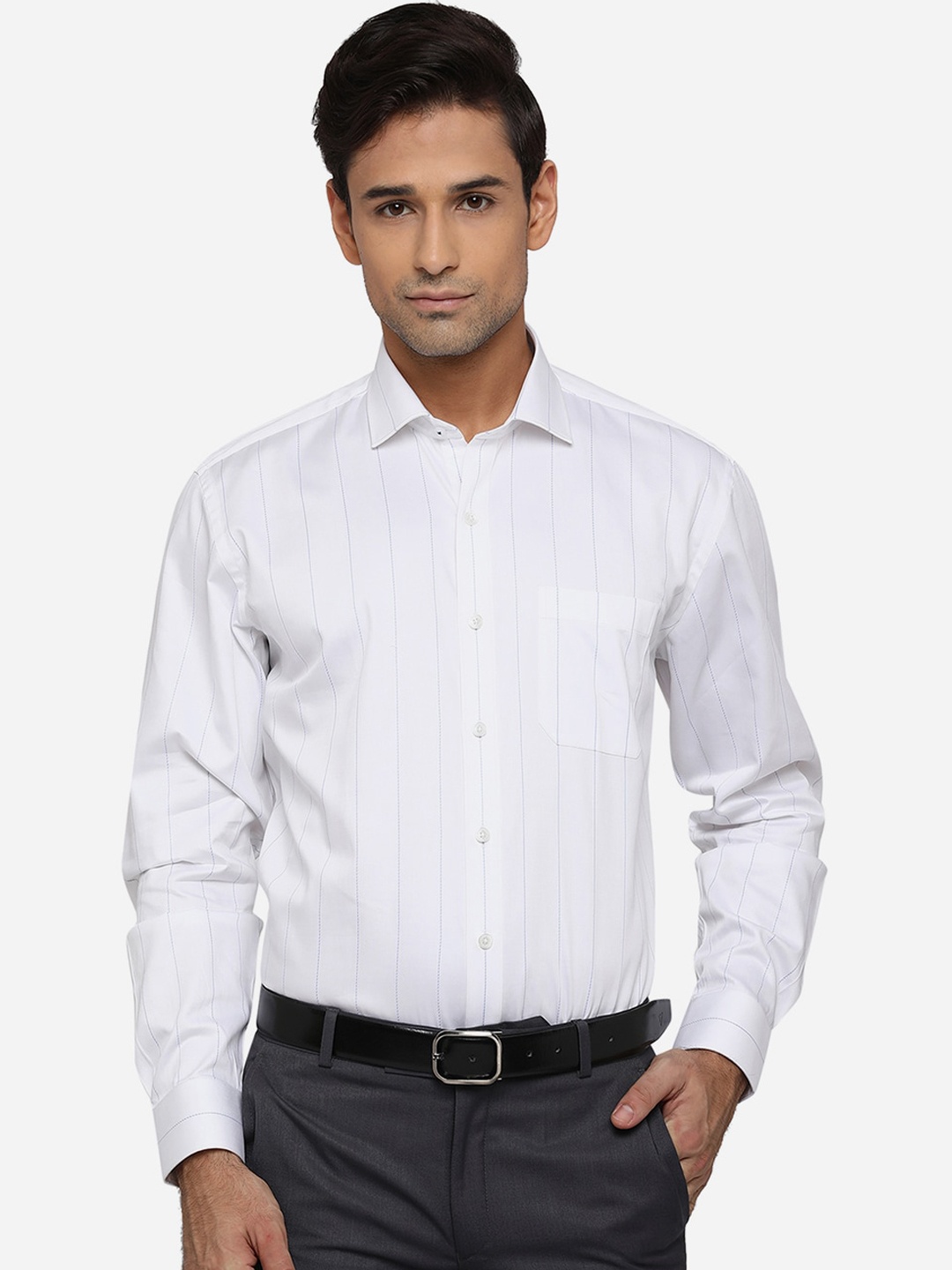 

JADE BLUE Men White Classic Opaque Striped Pure Cotton Formal Shirt