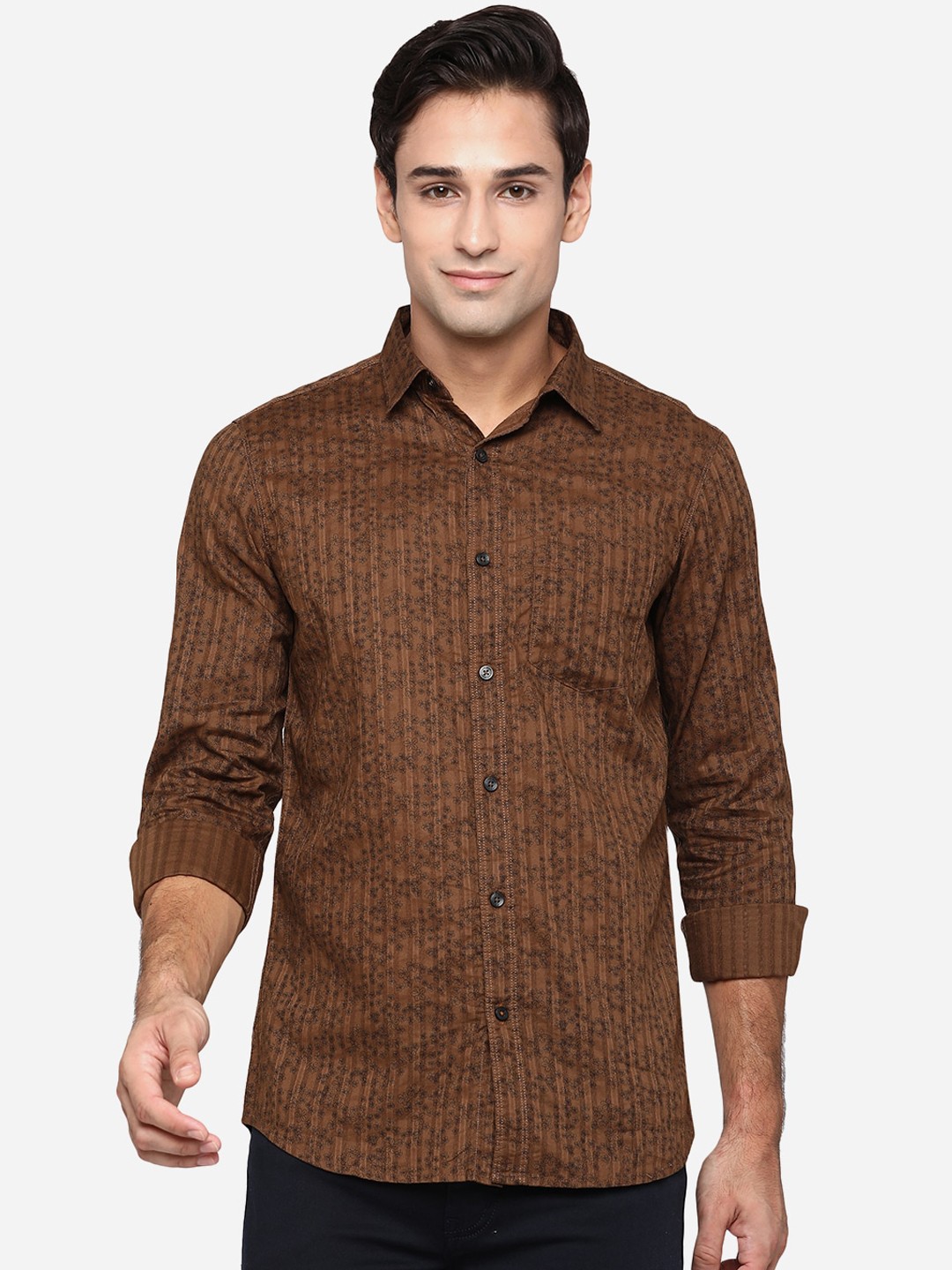 

JADE BLUE Men Brown Classic Slim Fit Pure Cotton Floral Printed Casual Shirt
