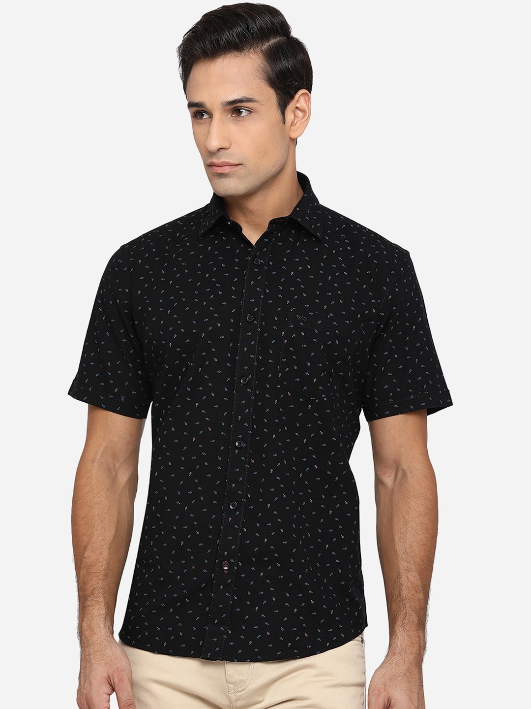 

JADE BLUE Men Black Classic Slim Fit Opaque Printed Pure Cotton Casual Shirt
