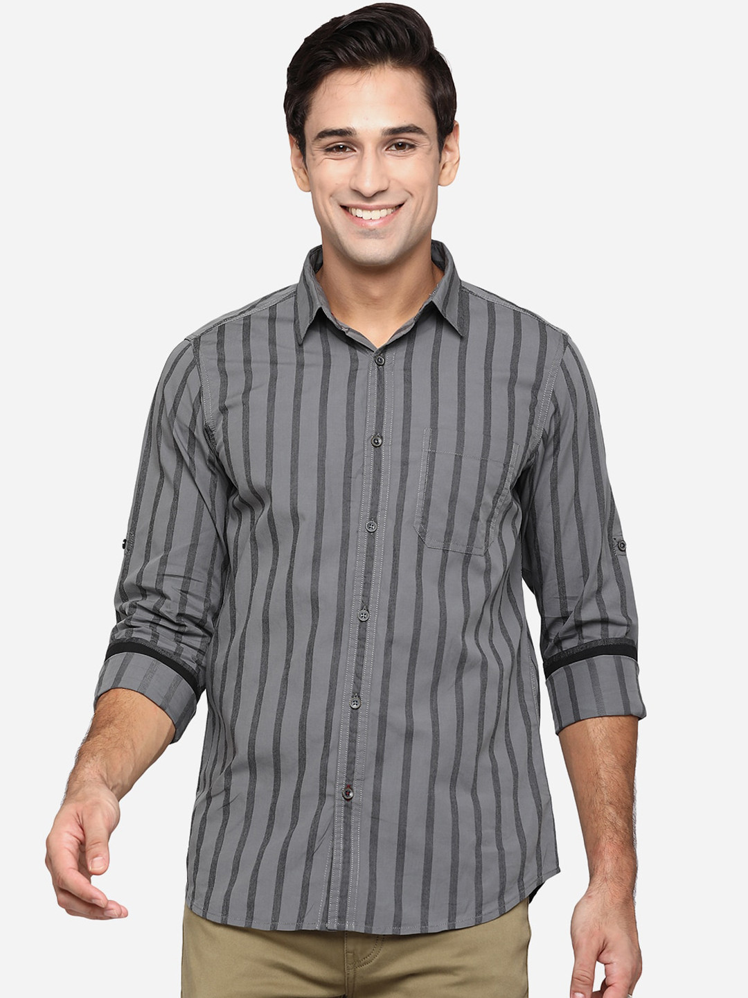 

JADE BLUE Men Grey Striped Classic Pure Cotton Slim Fit Casual Shirt