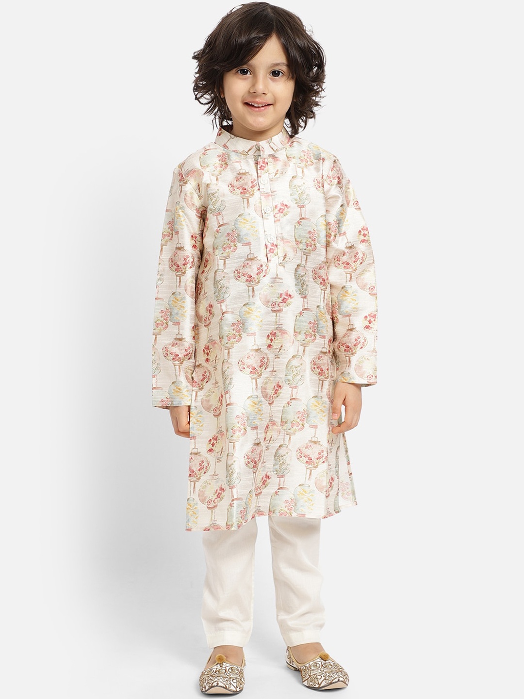 

PICCOLO Boys Cream-Coloured Floral Printed Regular Kurta with Trousers
