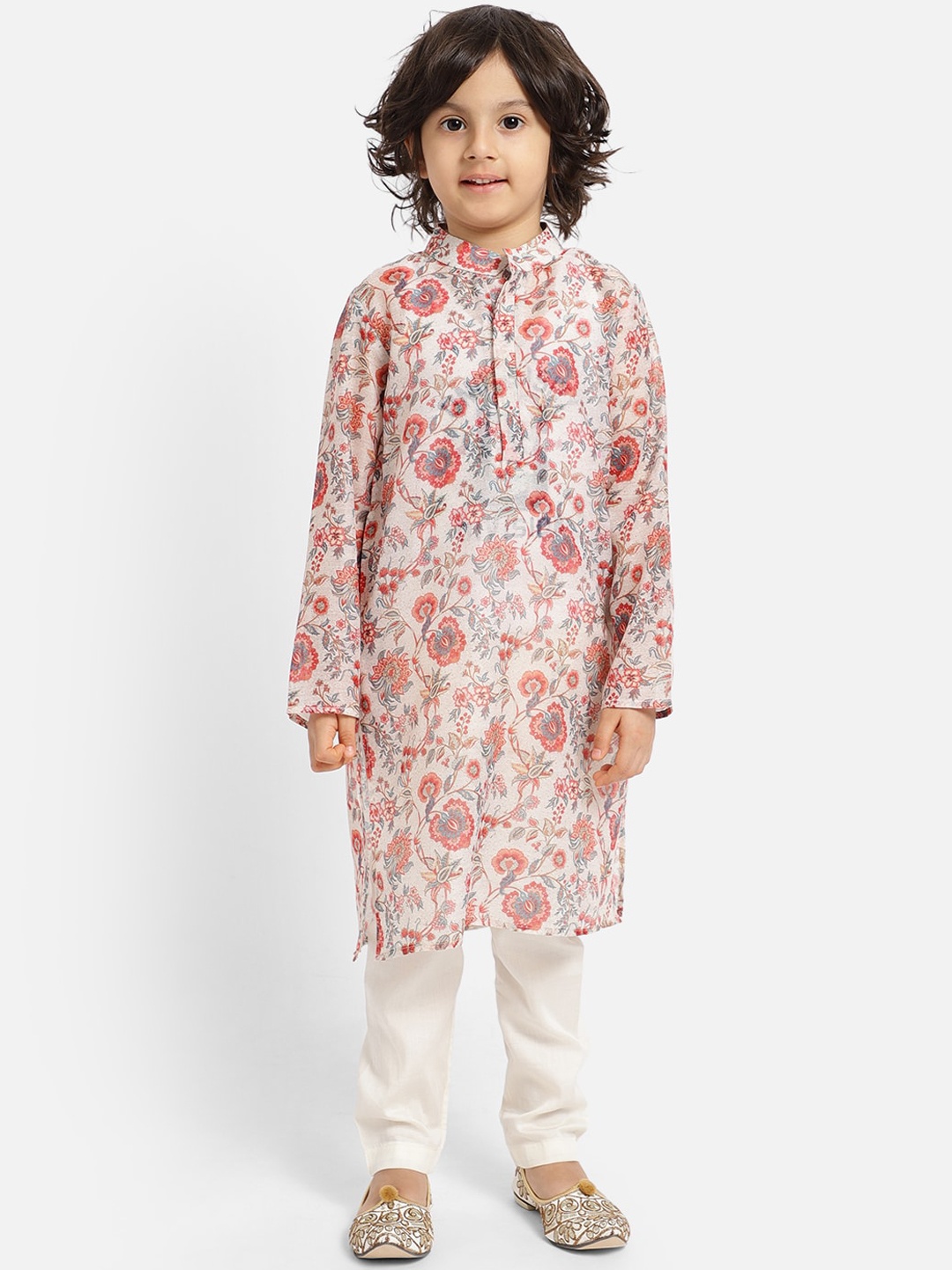 

PICCOLO Boys Cream-Coloured & Red Floral Printed Regular Kurta with Pyjamas