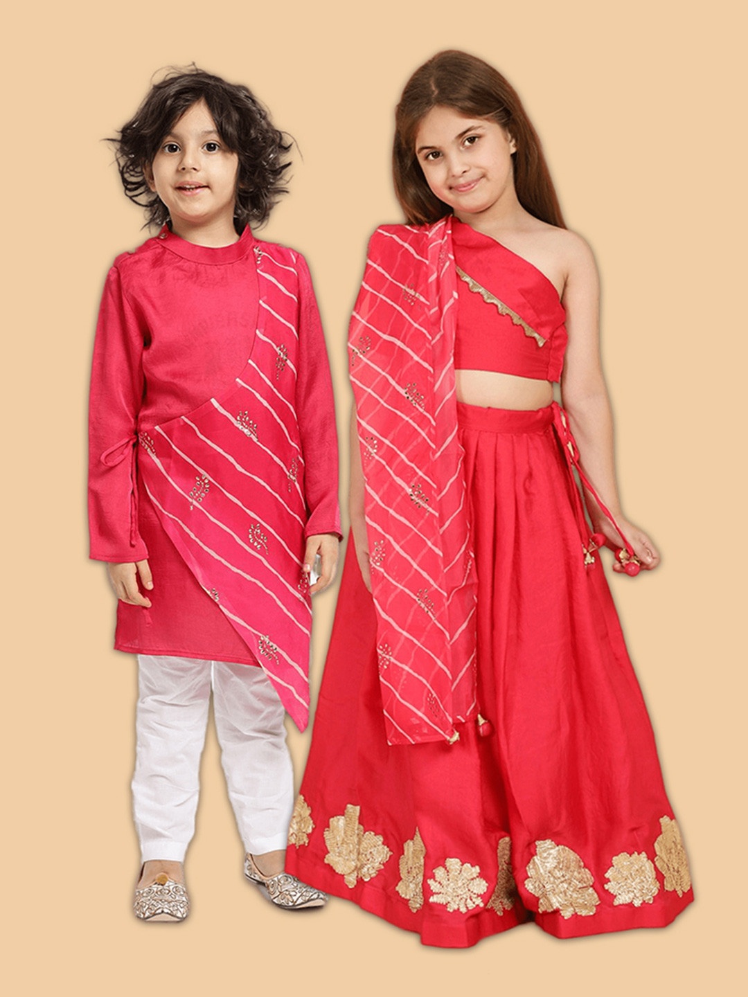 

PICCOLO Boys Pink & White Leheriya Printed Layered Kurta with Trousers