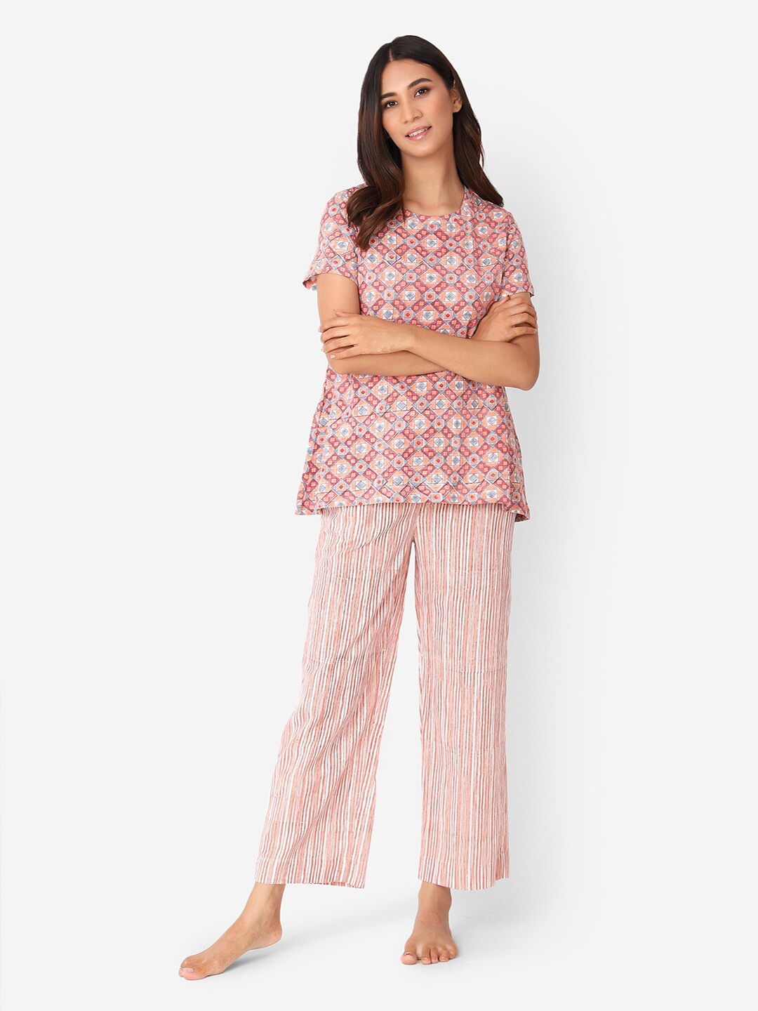 

Fabindia Women Blue & Peach-Coloured Printed Pure Cotton Top with Pyjamas