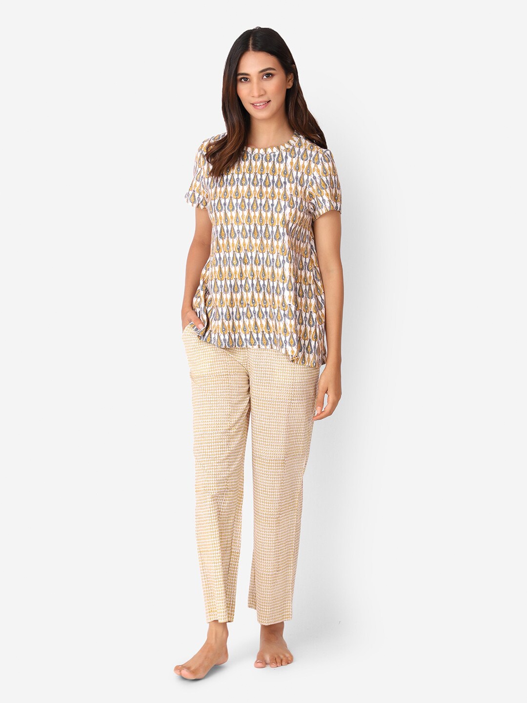 

Fabindia Women Off White & Yellow Printed Top with Pyjamas