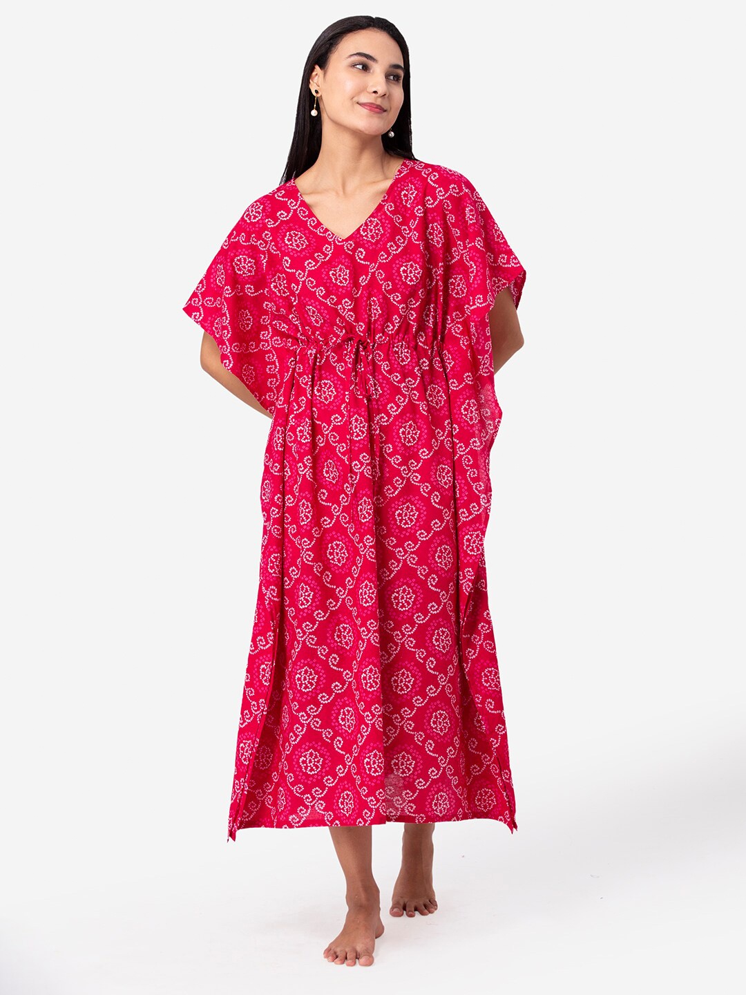 

ETC Women Red Printed Kaftan Maxi Nightdress