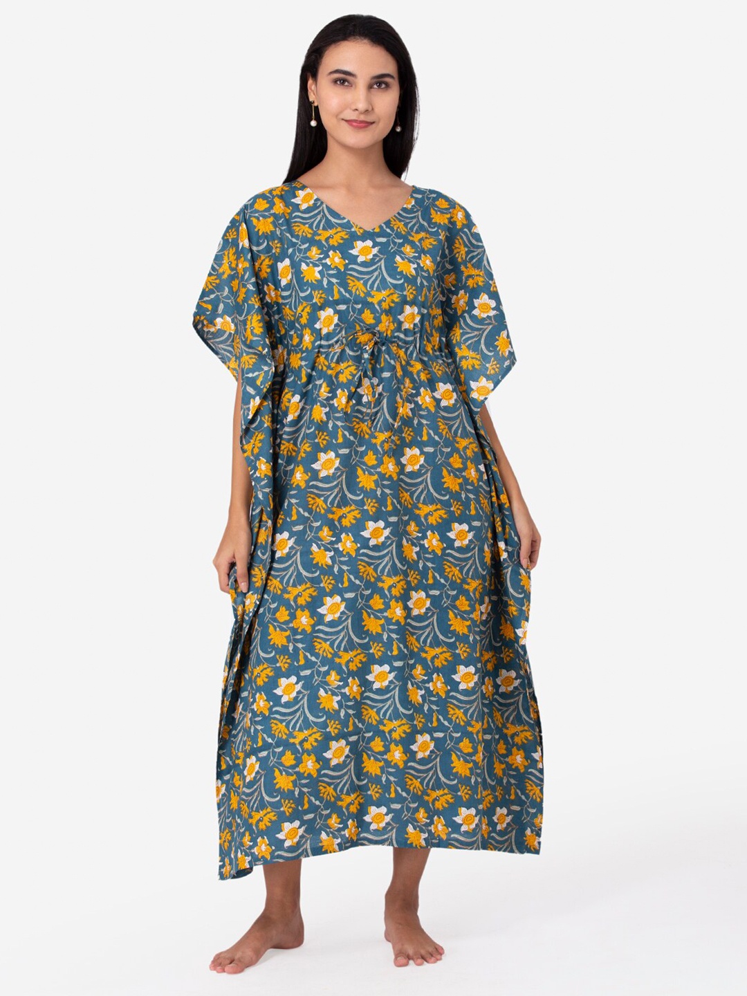 

ETC Green & Yellow Printed Pure Cotton Maxi Kaftan Nightdress