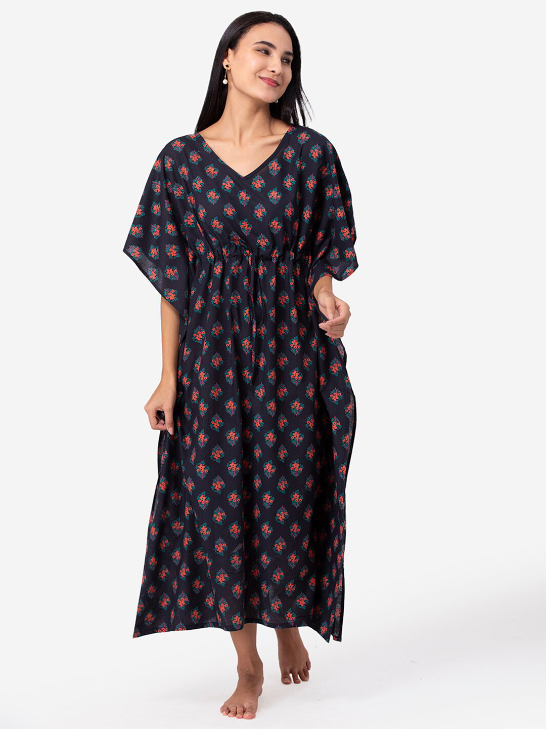

ETC Black & Peach Coloured Ethnic Motifs Printed Cotton Maxi Kaftan Nightdress