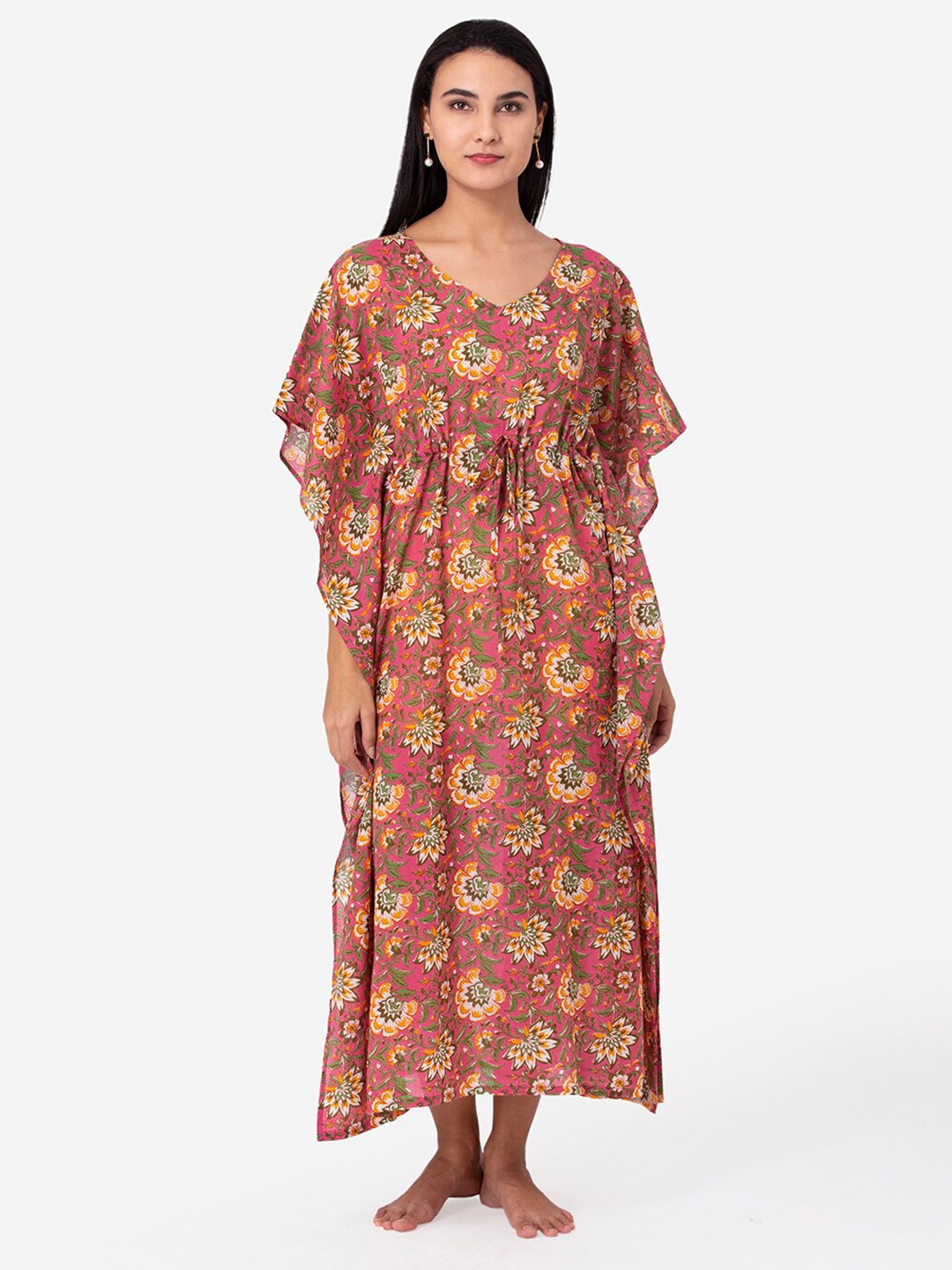 

ETC Pink Printed Cotton Kaftan Maxi Nightdress