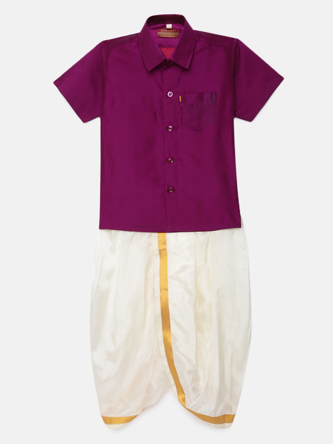 

THANGAMAGAN Boys Magenta Solid Panjagajam & Shirt Set