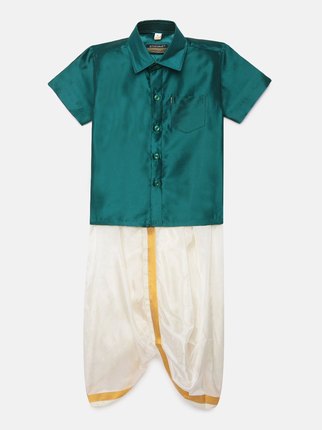 

Thangamagan Boys Green Solid Panjagajam & Shirt Set