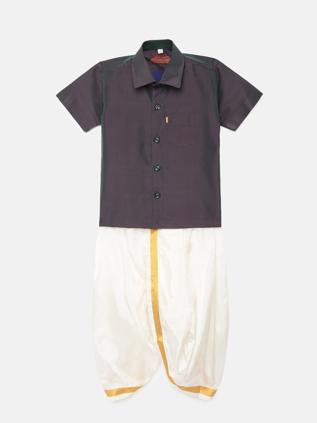 

Thangamagan Boys Grey Solid Panjagajam & Shirt Set