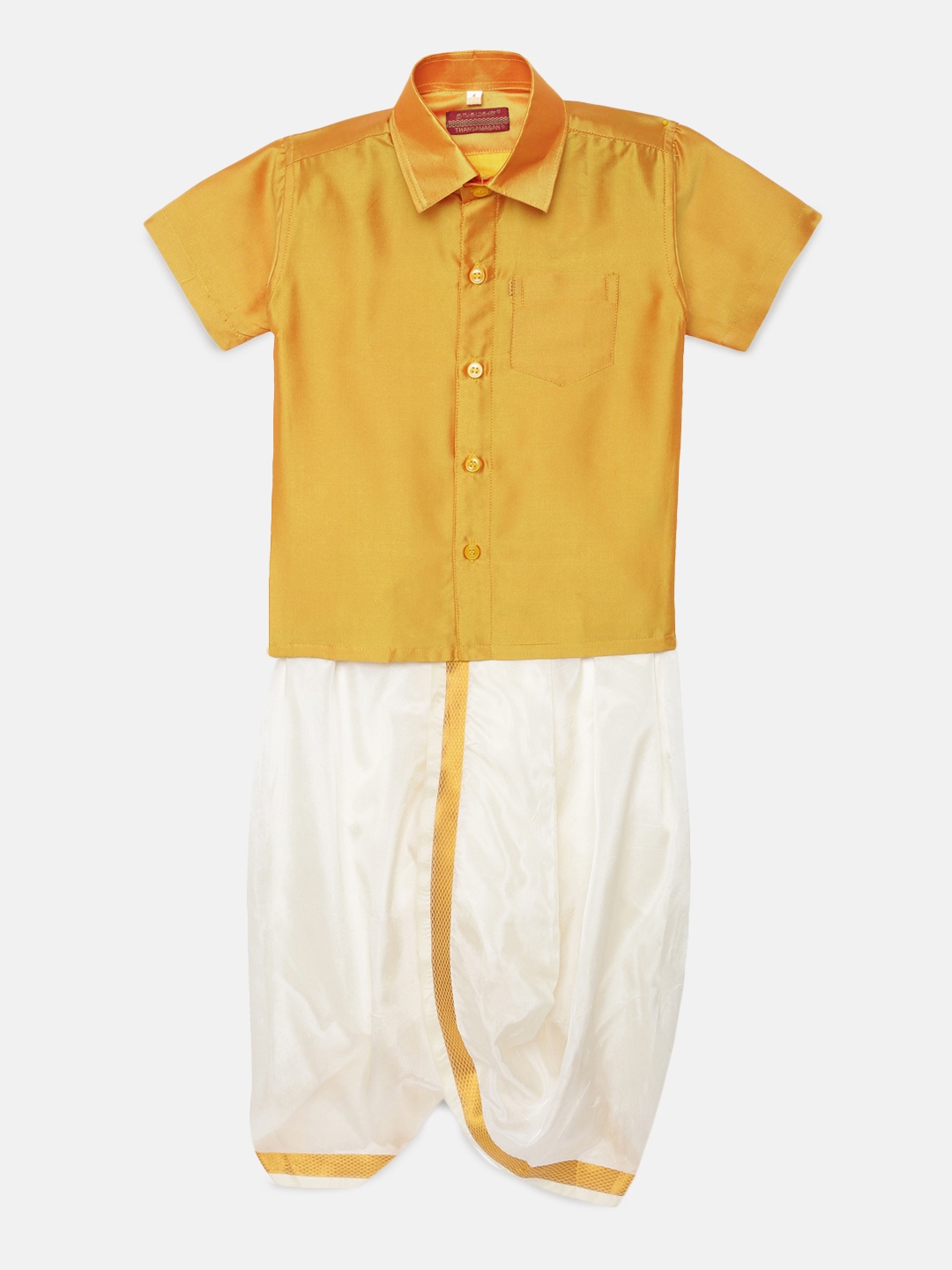 

Thangamagan Boys Light Orange Solid Panjagajam & Shirt Set