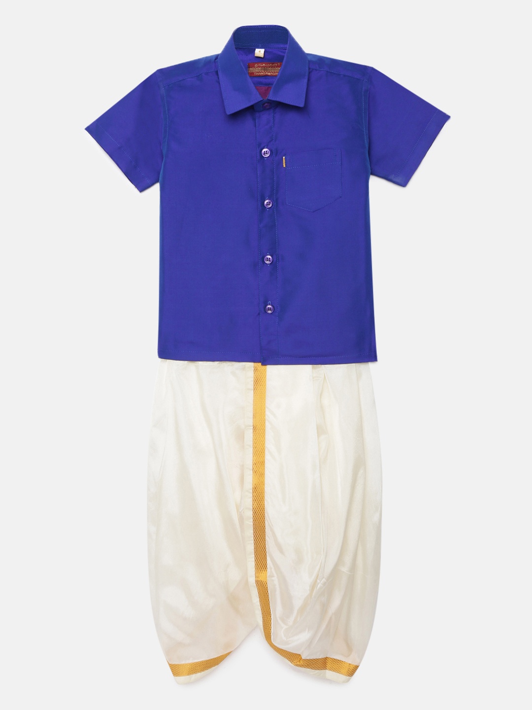 

Thangamagan Boys Blue Solid Panjagajam & Shirt Set