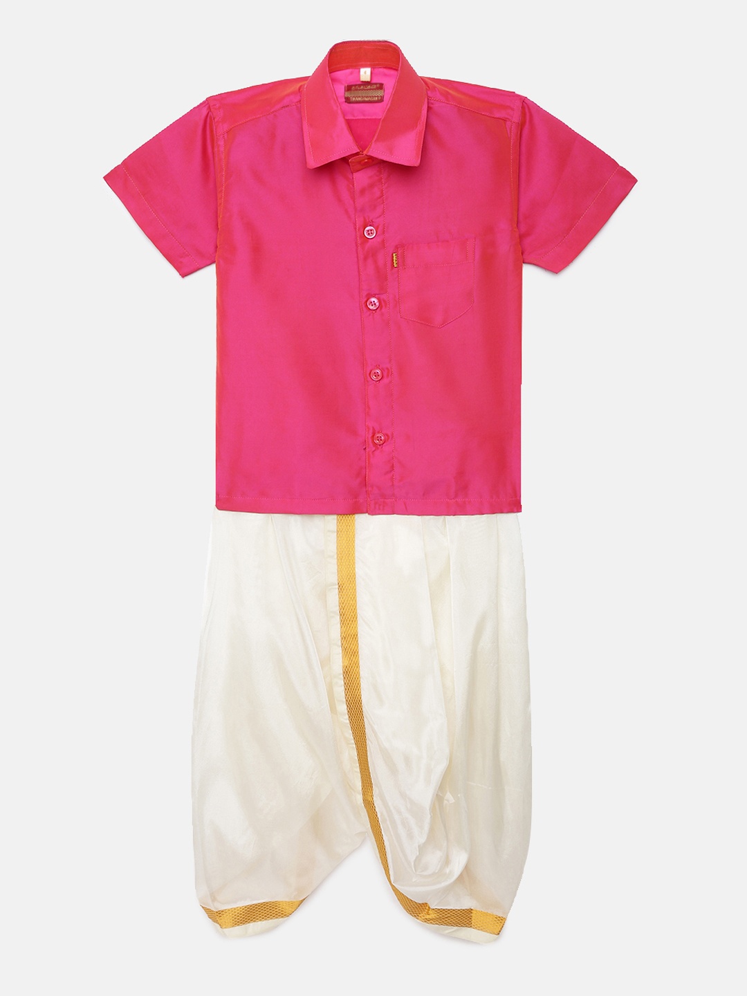 

Thangamagan Boys Pink Solid Panjagajam & Shirt Set
