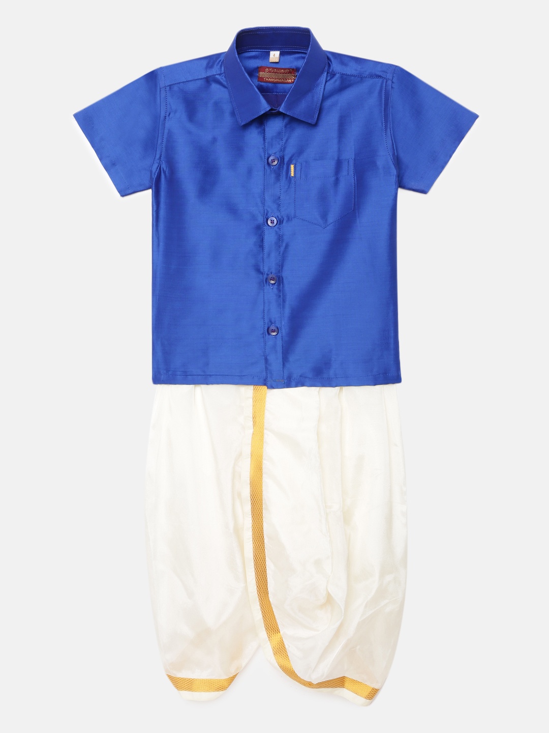 

Thangamagan Boys Blue Solid Panjagajam & Shirt Set