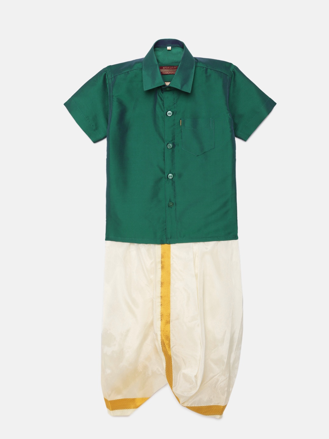 

Thangamagan Boys Green Solid Panjagajam & Shirt Set