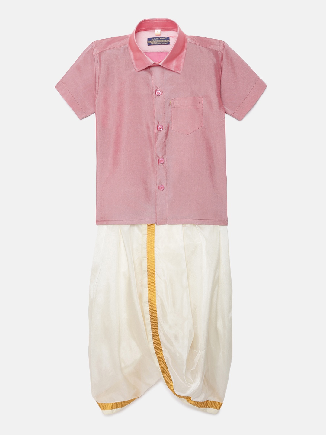 

Thangamagan Boys Light Pink Solid Panjagajam & Shirt Set