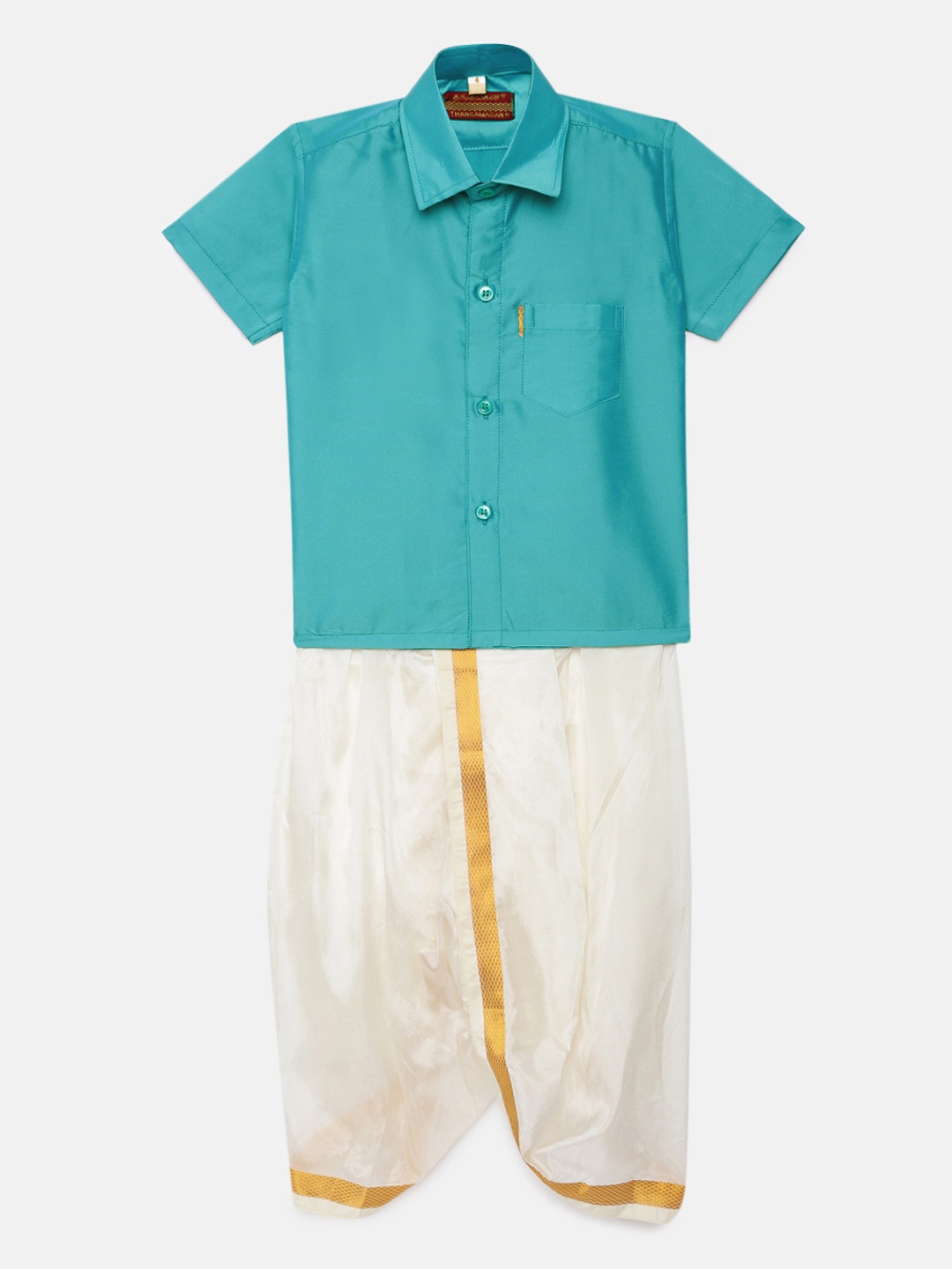 

Thangamagan Boys Blue Solid Panjagajam & Shirt Set