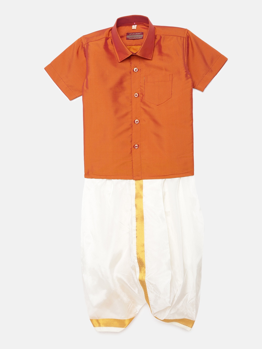 

Thangamagan Boys Orange Solid Panjagajam & Shirt Set