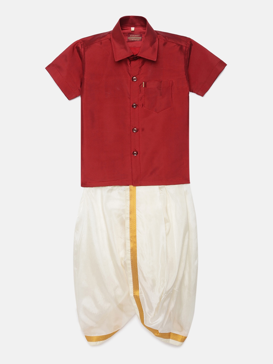 

Thangamagan Boys Fire Brick Red Solid Panjagajam & Shirt Set