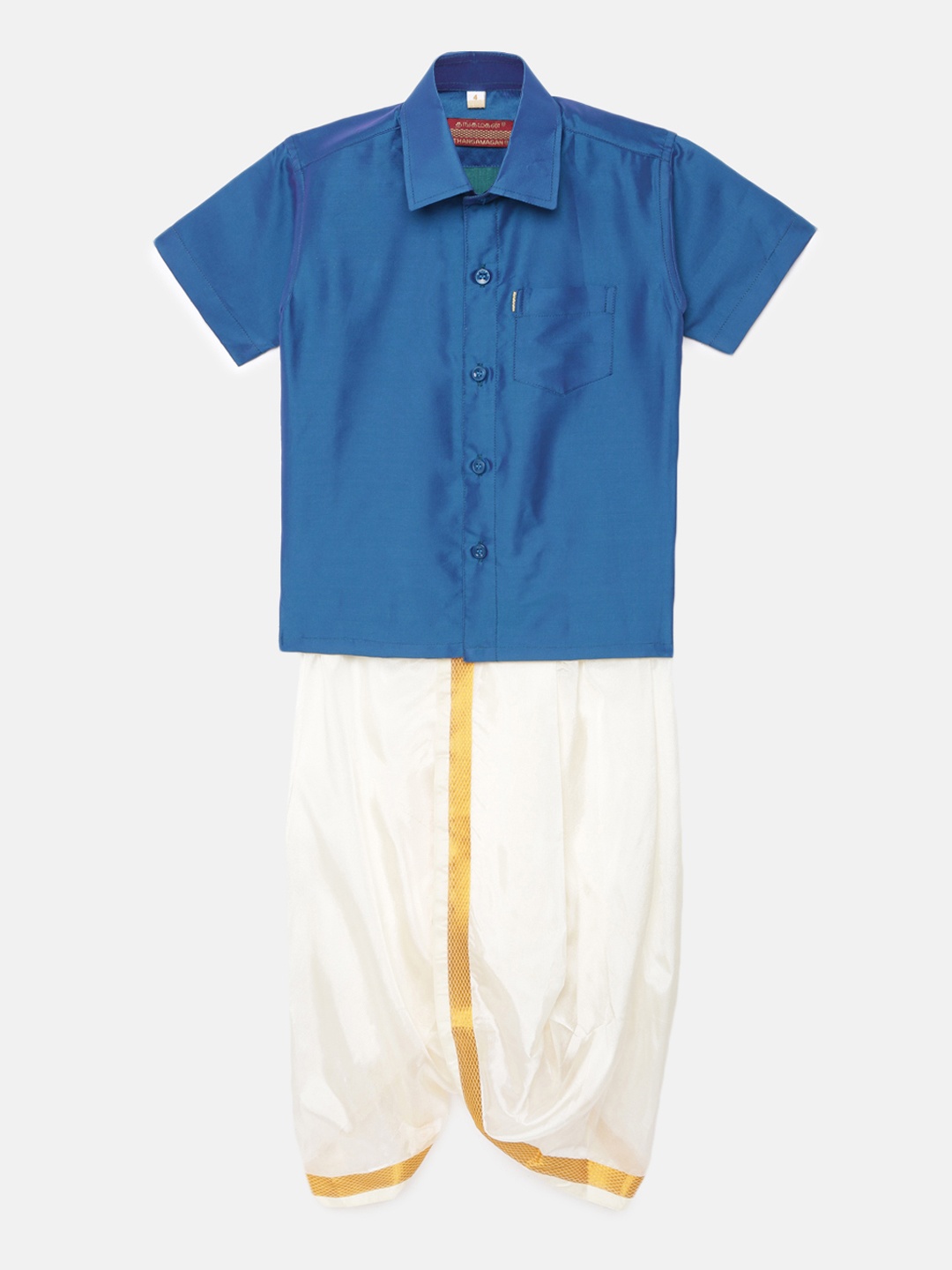 

Thangamagan Boys Blue Solid Panjagajam & Shirt Set