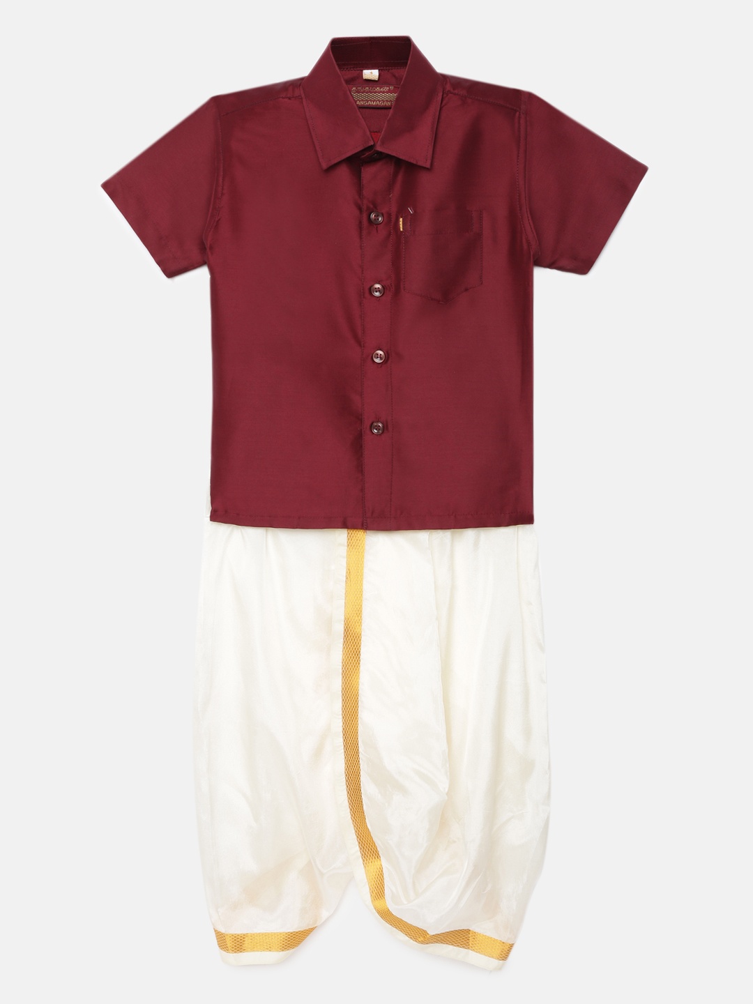 

Thangamagan Boys Maroon Solid Panjagajam & Shirt Set