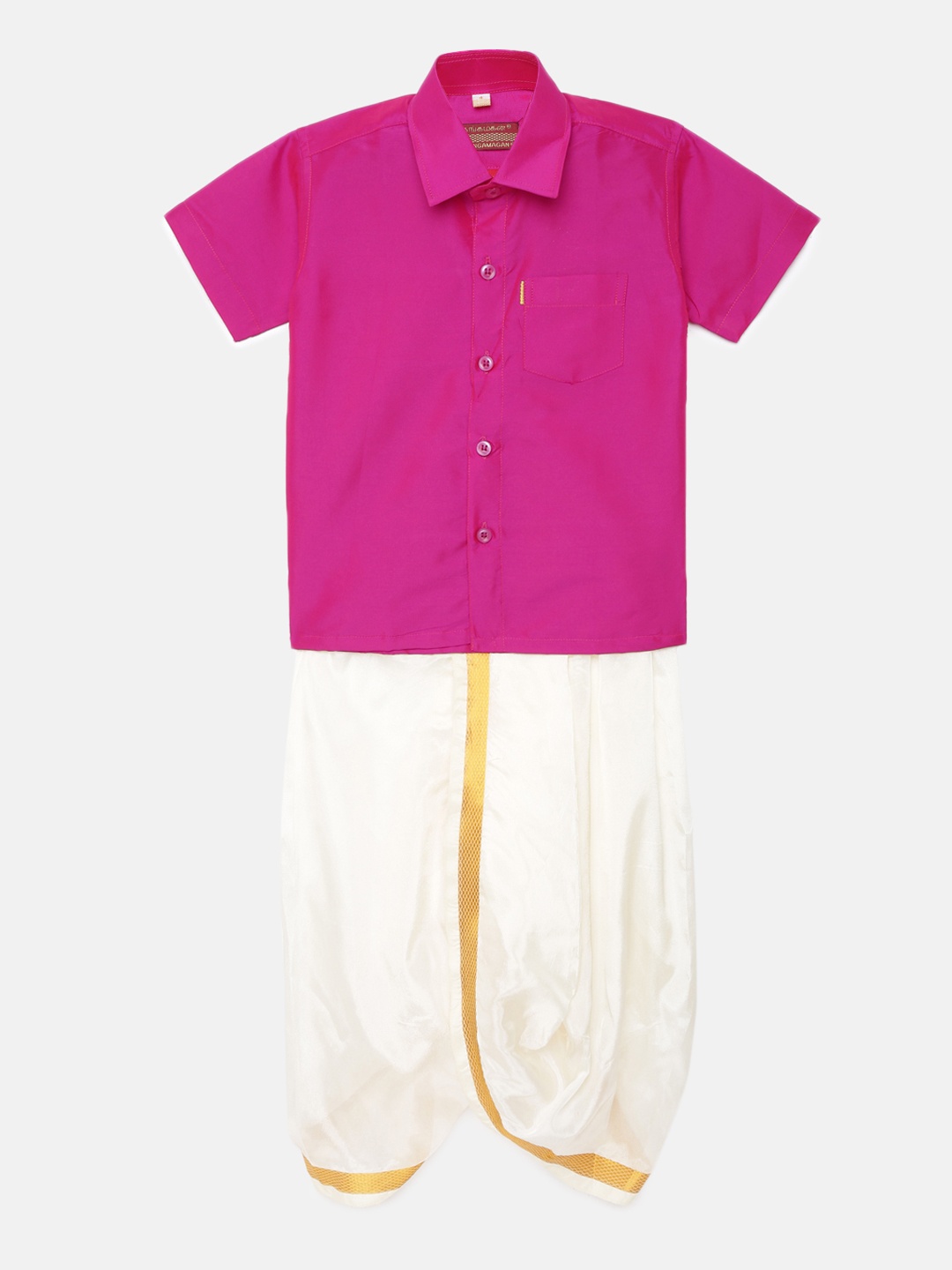 

Thangamagan Boys Rose Solid Panjagajam & Shirt Set
