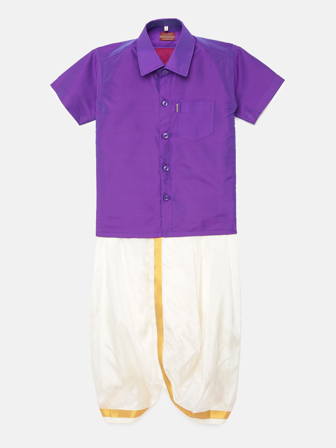 

Thangamagan Boys Lavender Solid Panjagajam & Shirt Set