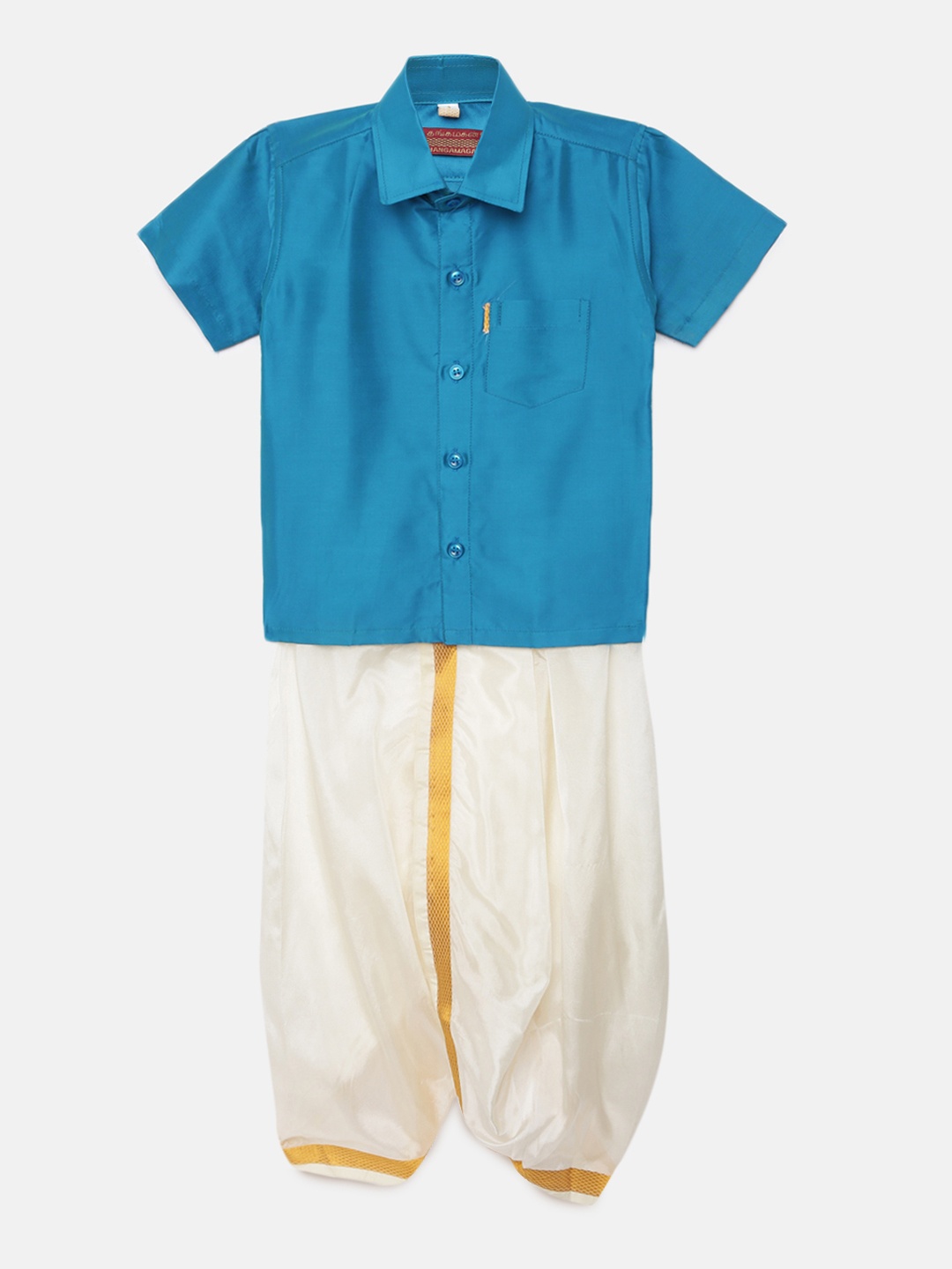 

Thangamagan Boys Sky Blue Solid Panjagajam & Shirt Set