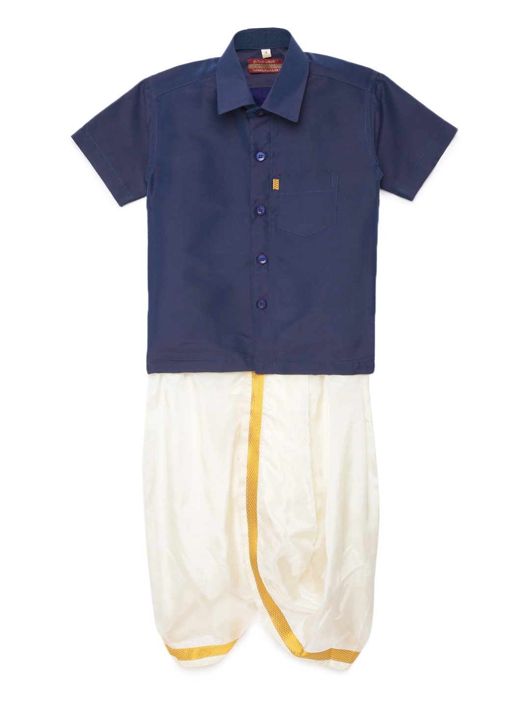

Thangamagan Boys Purple Solid Panjagajam & Shirt Set
