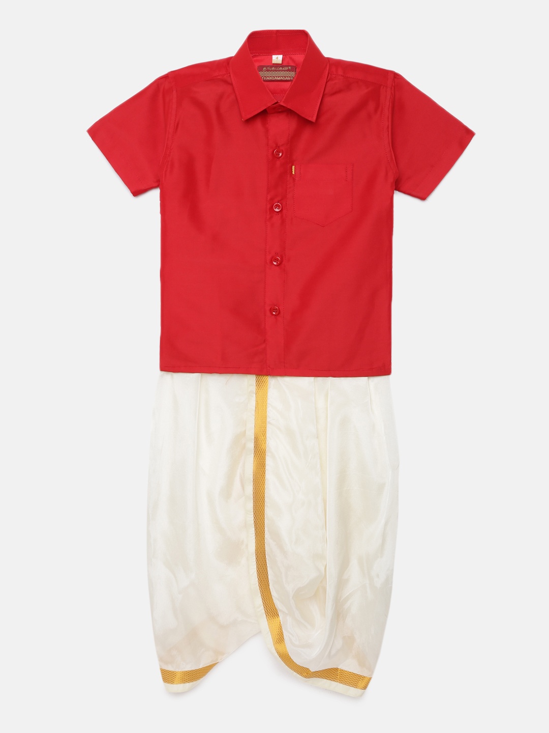 

Thangamagan Boys Pink Red Solid Panjagajam & Shirt Set