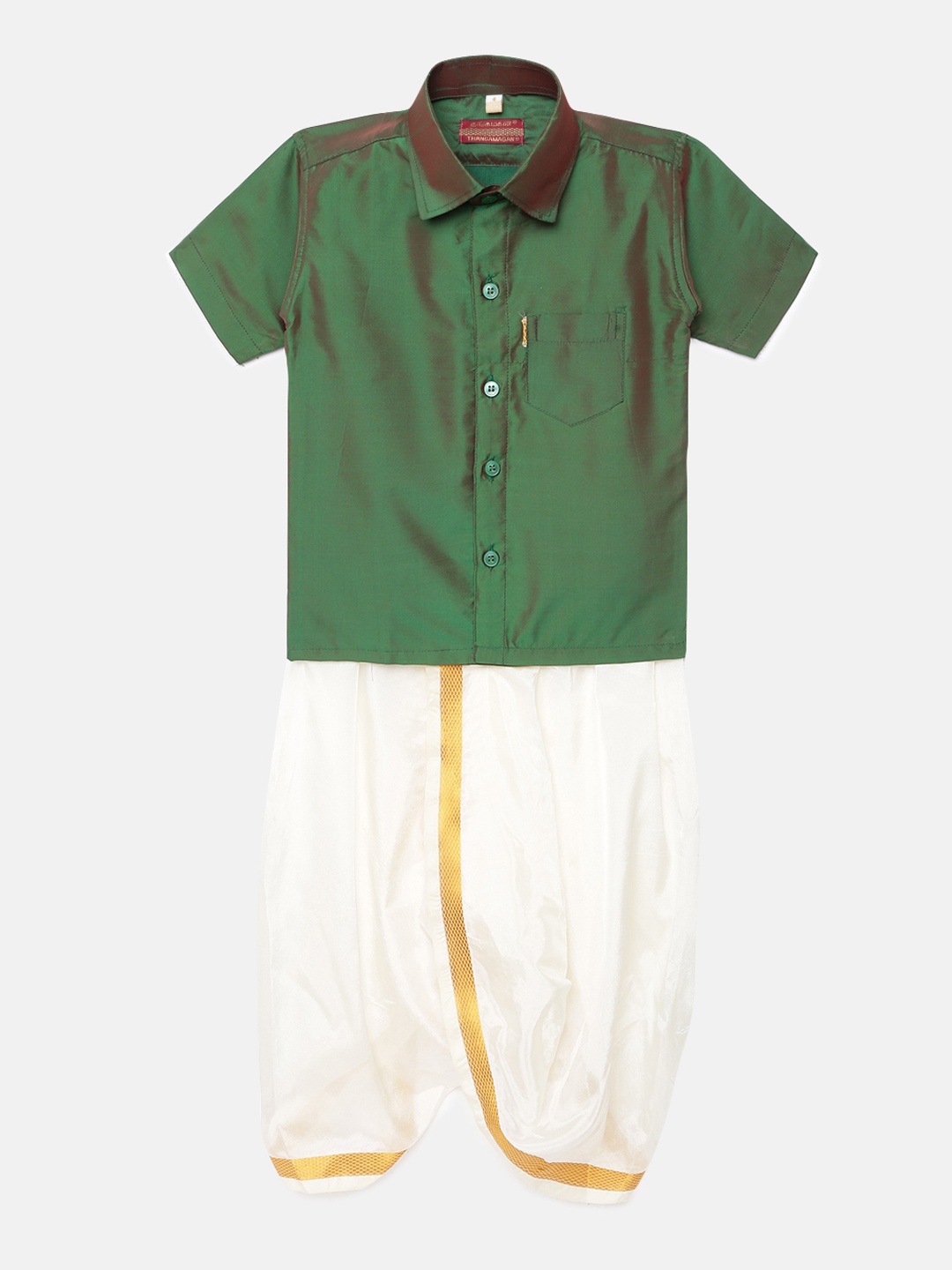 

Thangamagan Boys Green Solid Panjagajam & Shirt Set