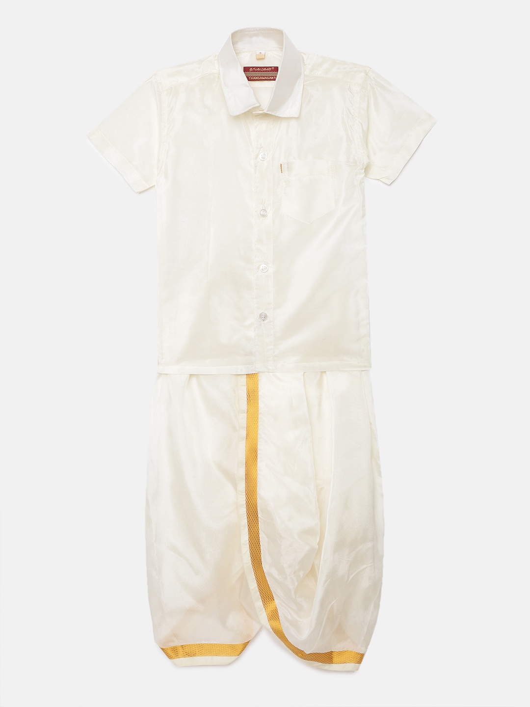 

Thangamagan Boys Beige Solid Panjagajam & Shirt Set