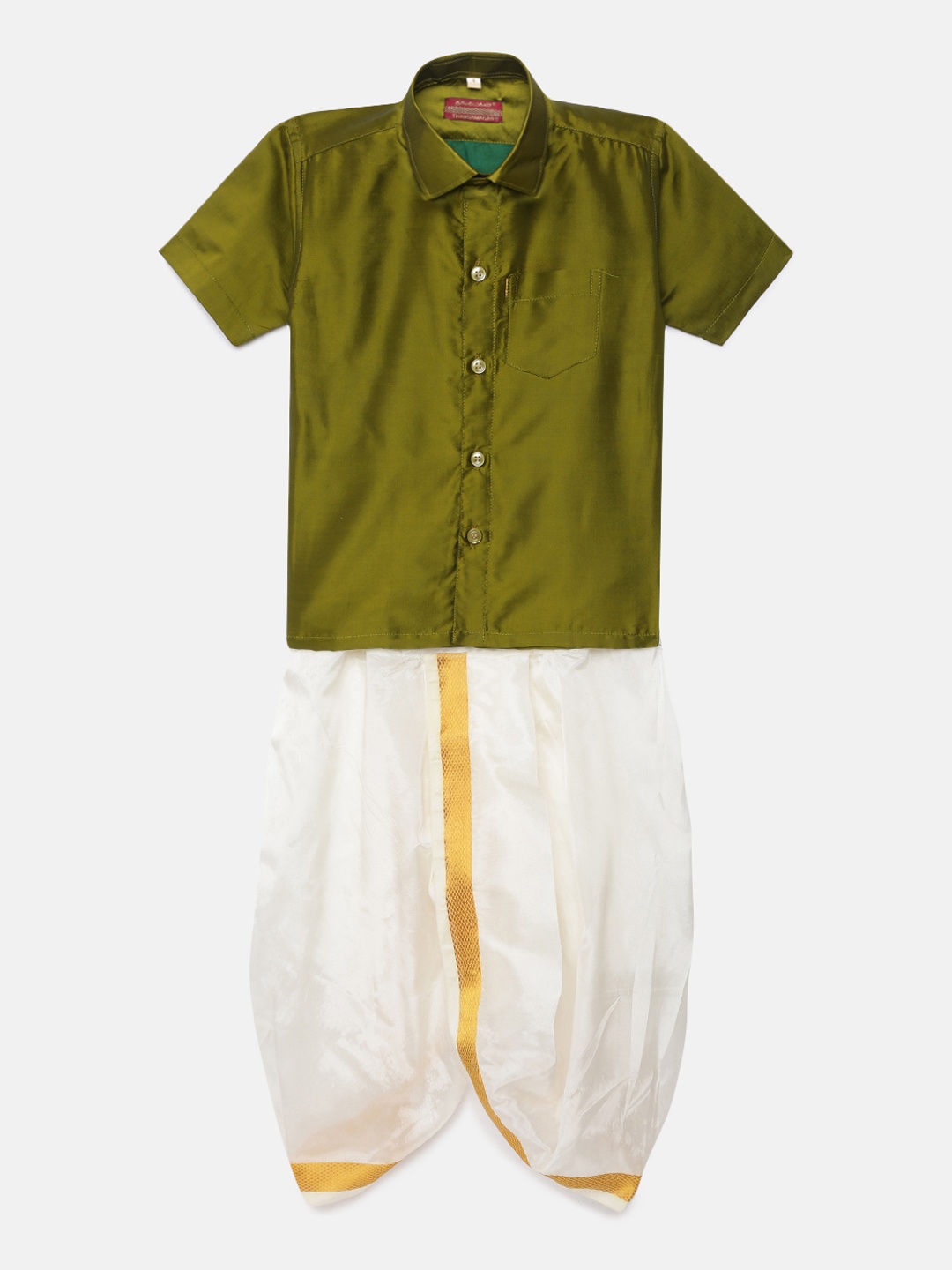 

Thangamagan Boys Olive Solid Panjagajam & Shirt Set