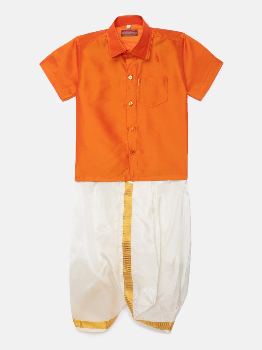 

Thangamagan Boys Orange Solid Panjagajam & Shirt Set