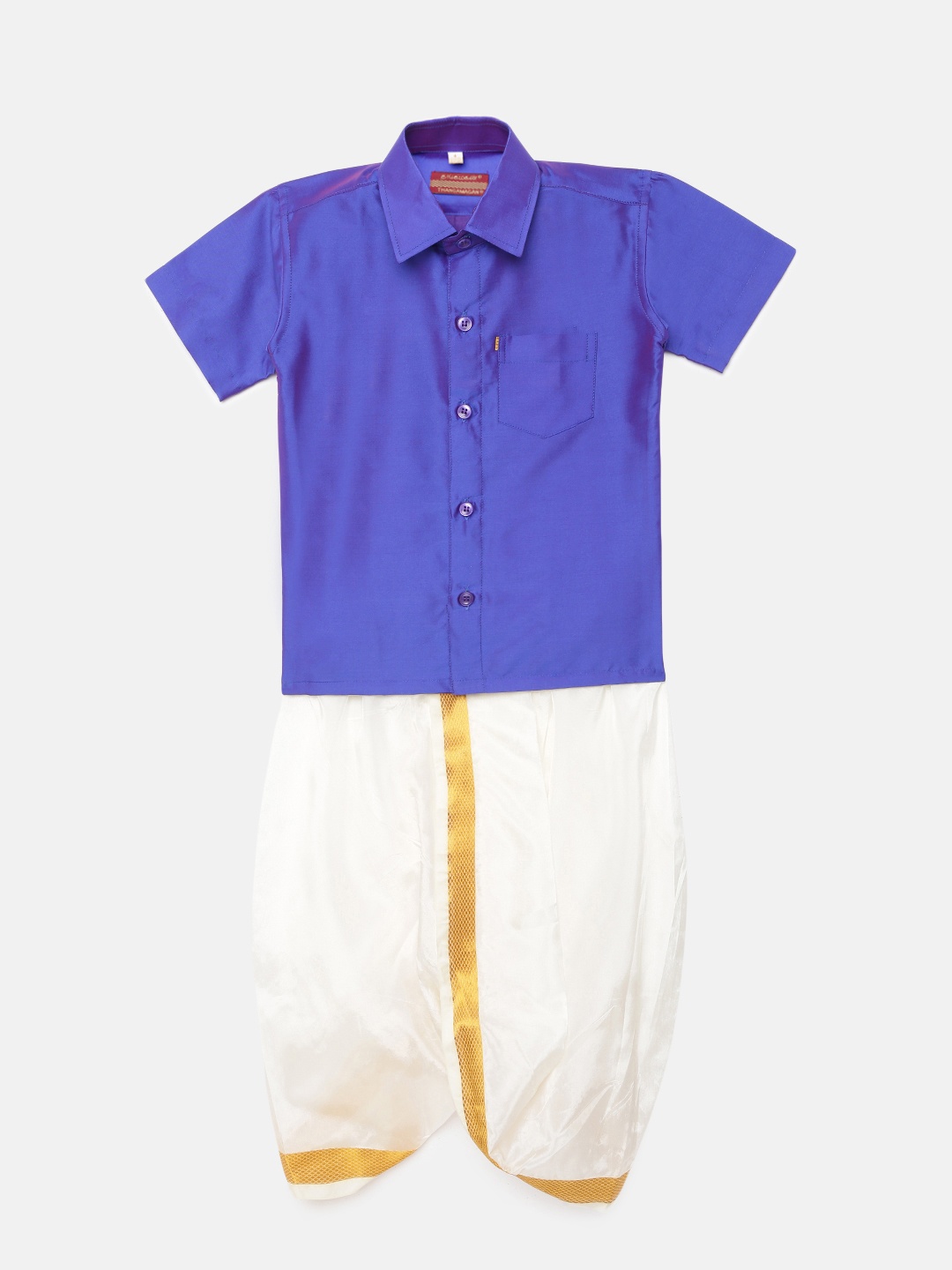

Thangamagan Boys Blue Solid Panjagajam & Shirt Set