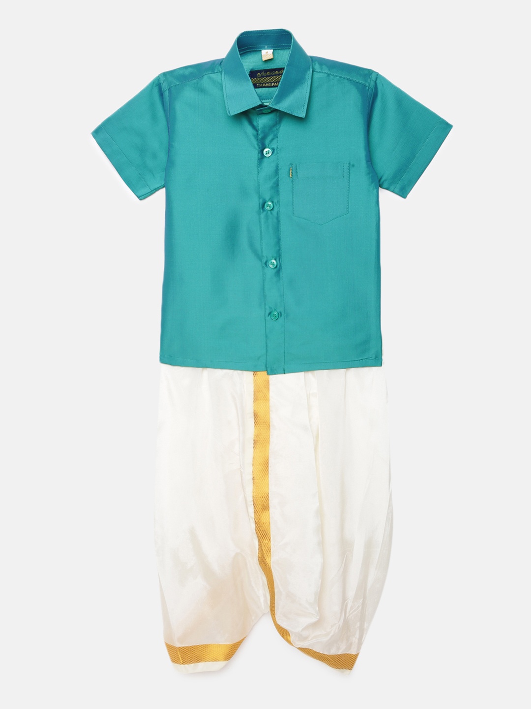 

Thangamagan Boys Sky Blue Solid Panjagajam & Shirt Set