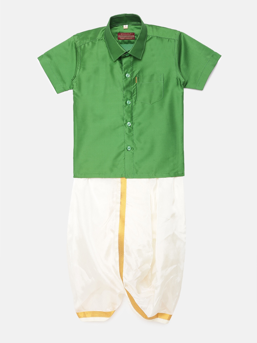 

Thangamagan Boys Pink Solid Panjagajam & Shirt Set, Green