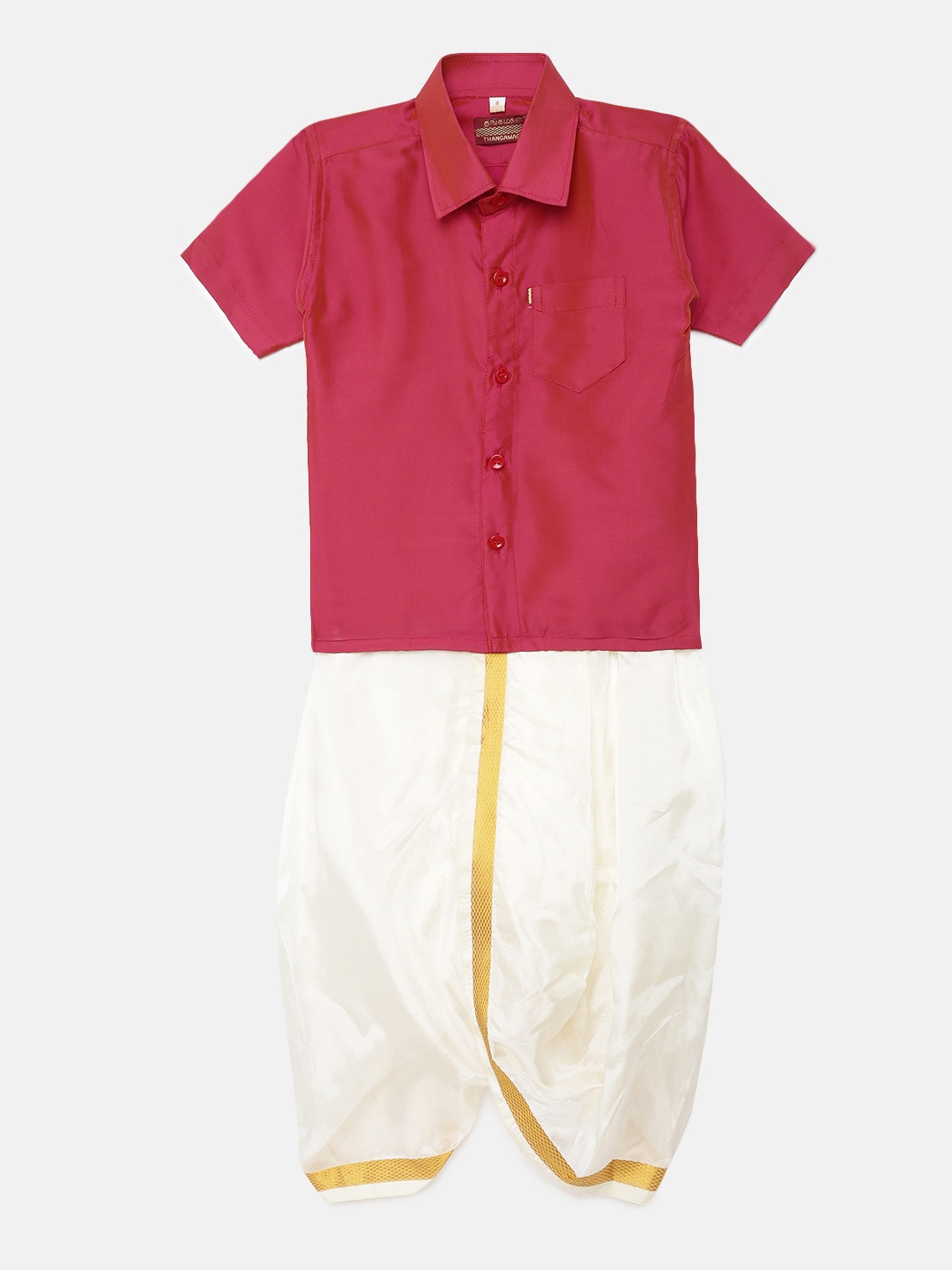 

Thangamagan Boys Orange Pink Solid Panjagajam & Shirt Set