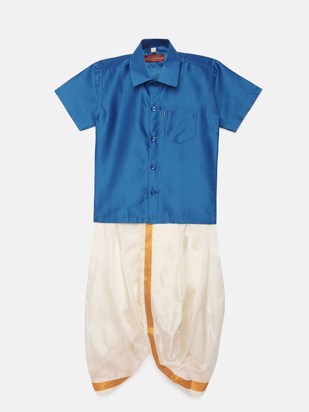 

Thangamagan Boys Blue Solid Panjagajam & Shirt Set