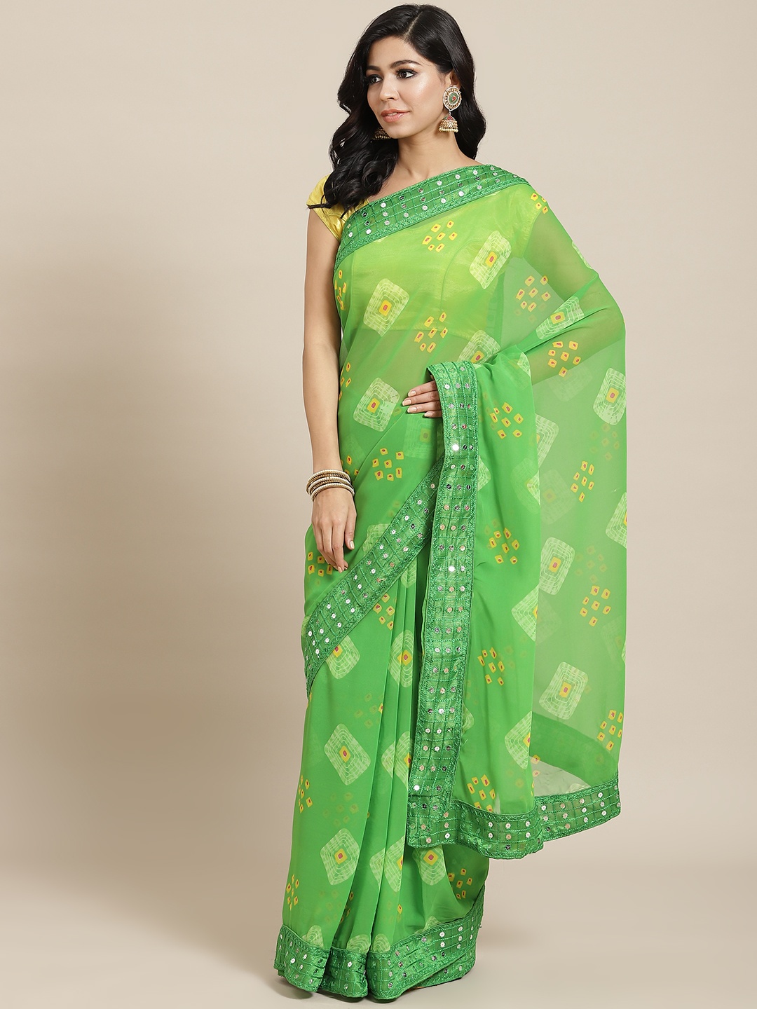 

Mitera Green Bandhani Printed Mirror Work Saree