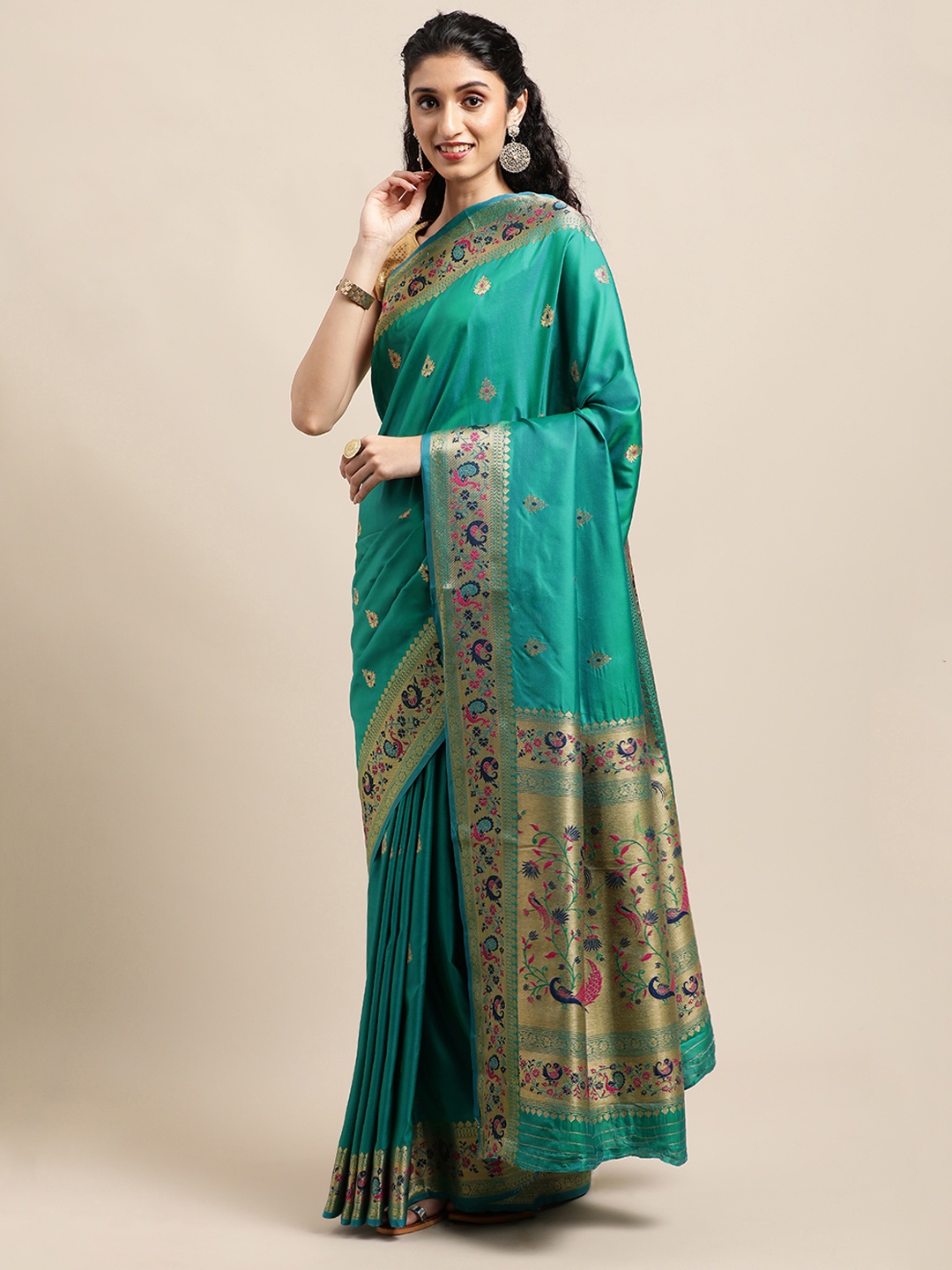 

Mitera Teal Green Ethnic Motifs Zari Silk Blend Paithani Saree