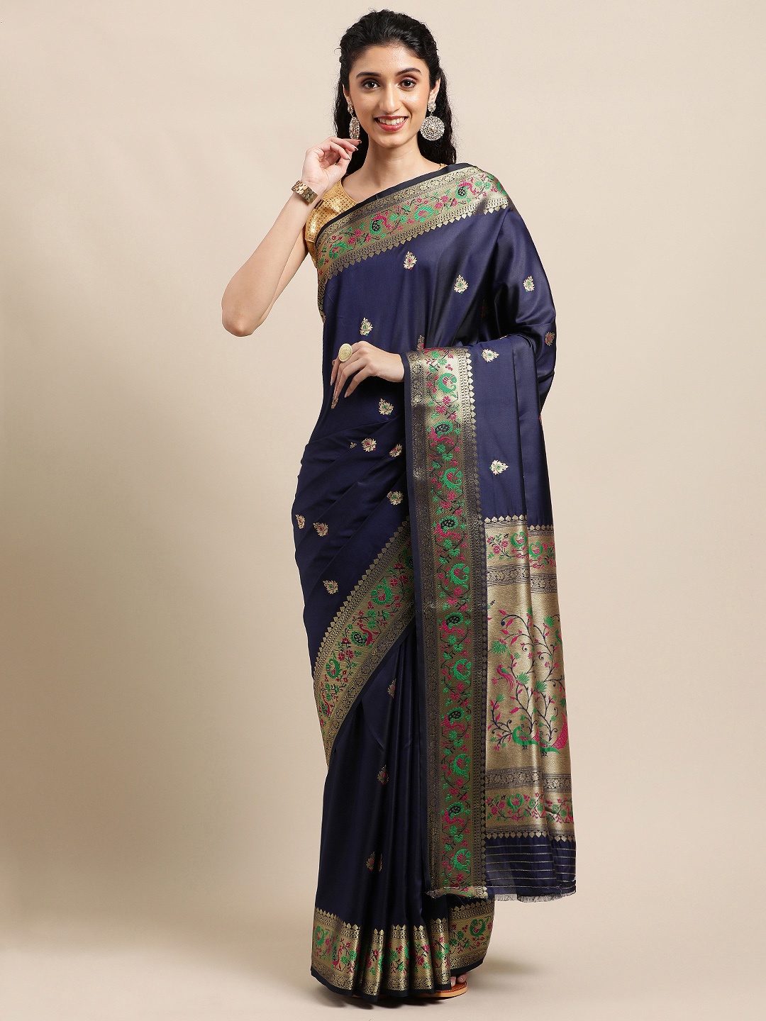 

Mitera Navy Blue Ethnic Motifs Zari Silk Blend Paithani Saree