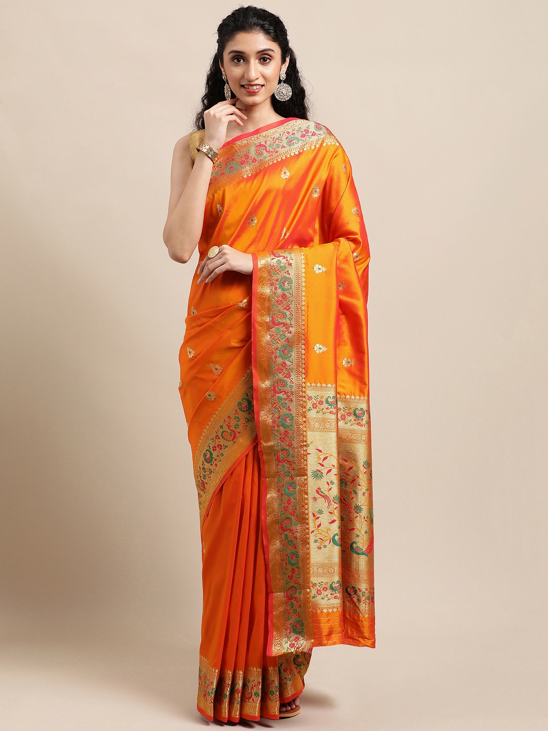 

Mitera Orange Ethnic Motifs Zari Silk Blend Paithani Saree