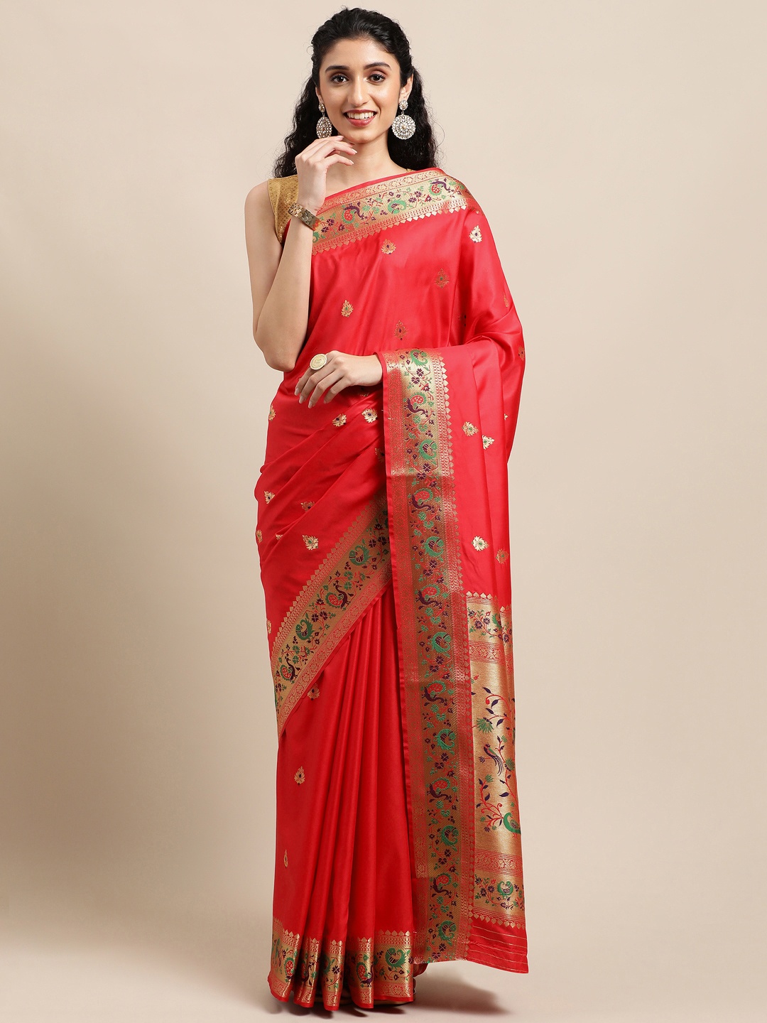 

Mitera Red Ethnic Motifs Zari Silk Blend Paithani Saree