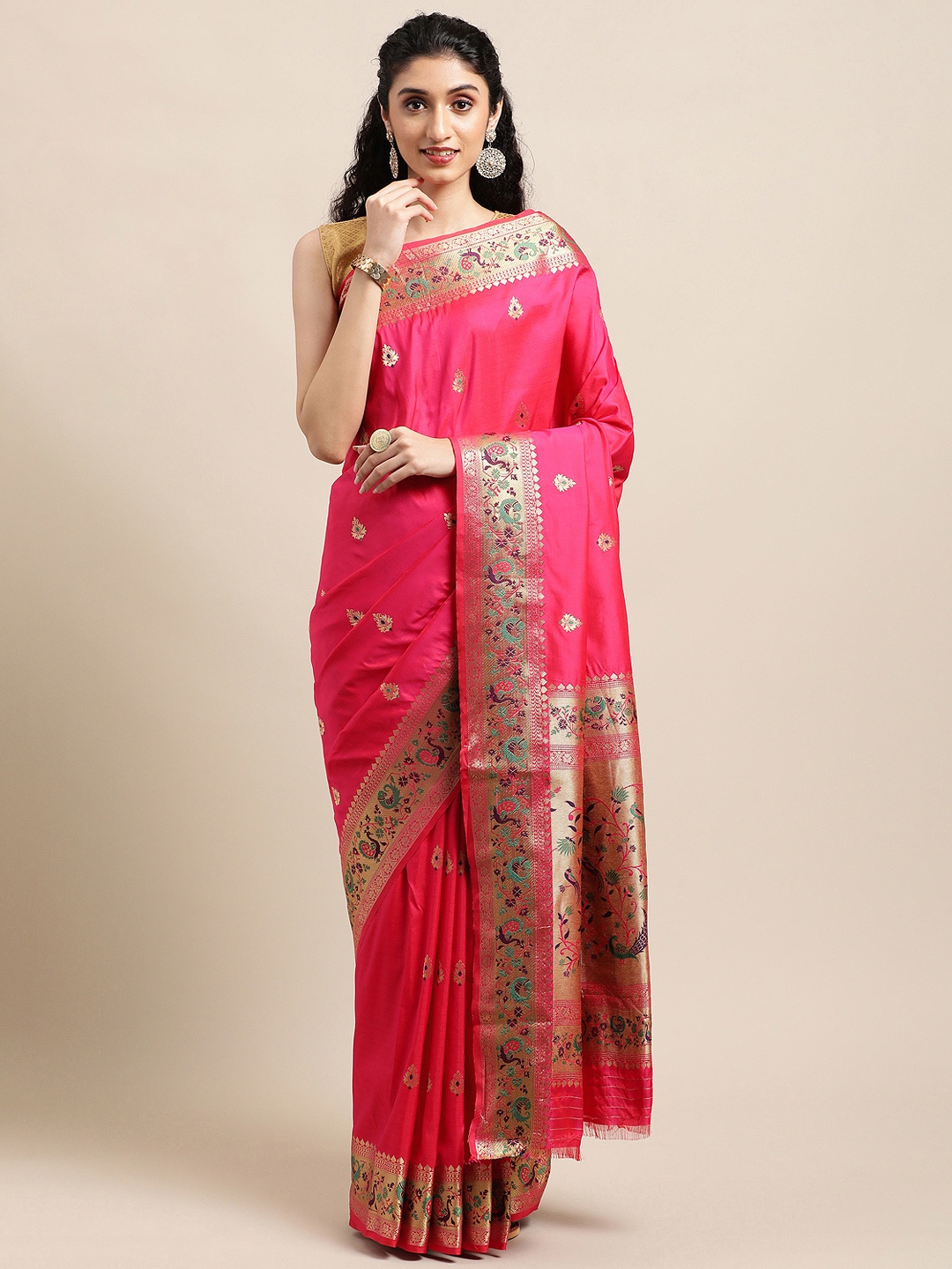 

Mitera Pink Ethnic Motifs Zari Silk Blend Paithani Saree