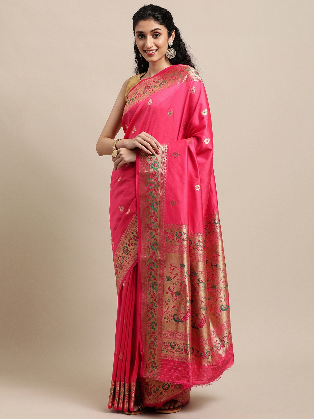 

Mitera Peach-Coloured Ethnic Motifs Zari Silk Blend Paithani Saree