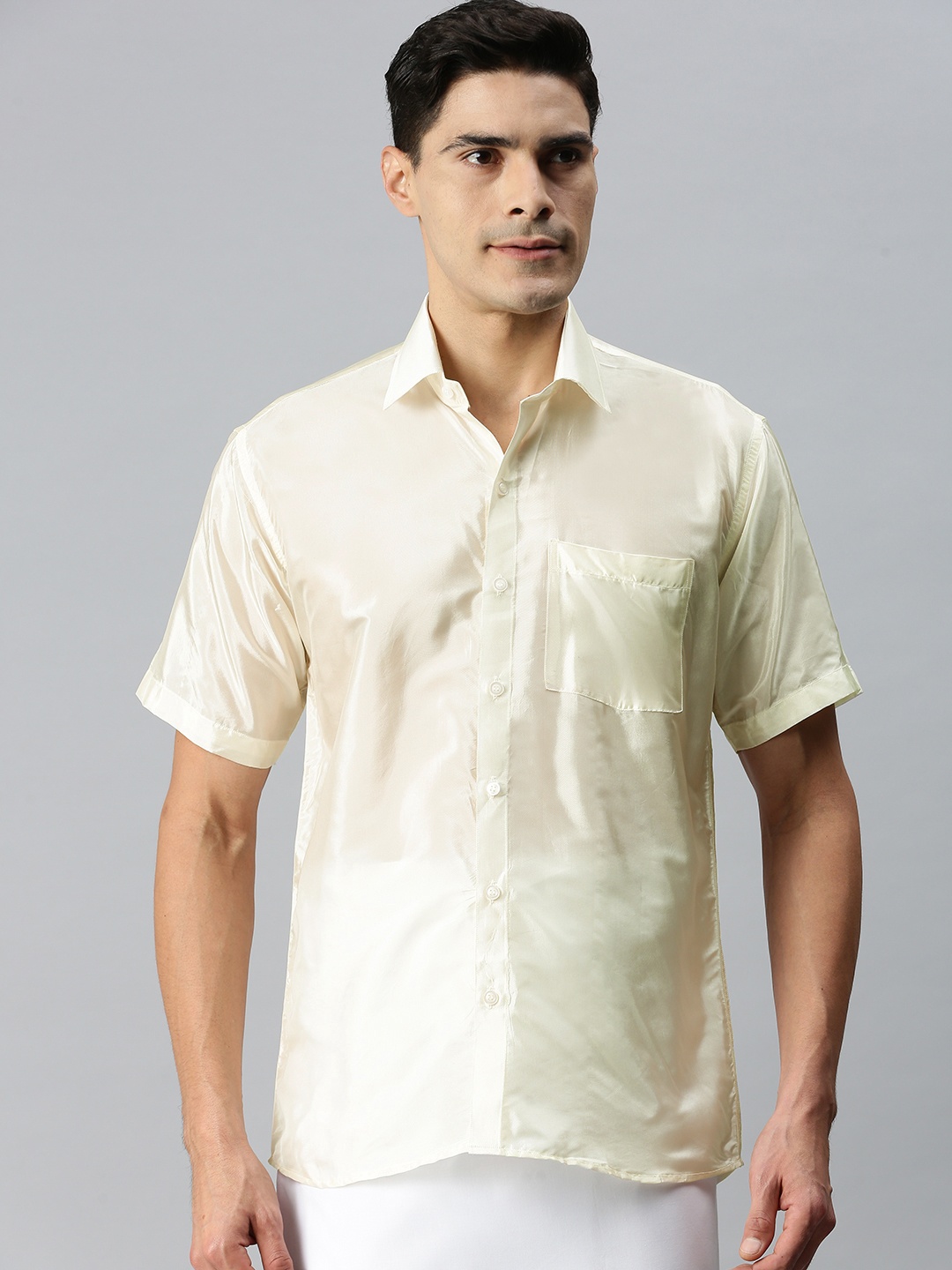 

INDIAN WOOTZ Men Beige Half Sleeve Casual Shirt